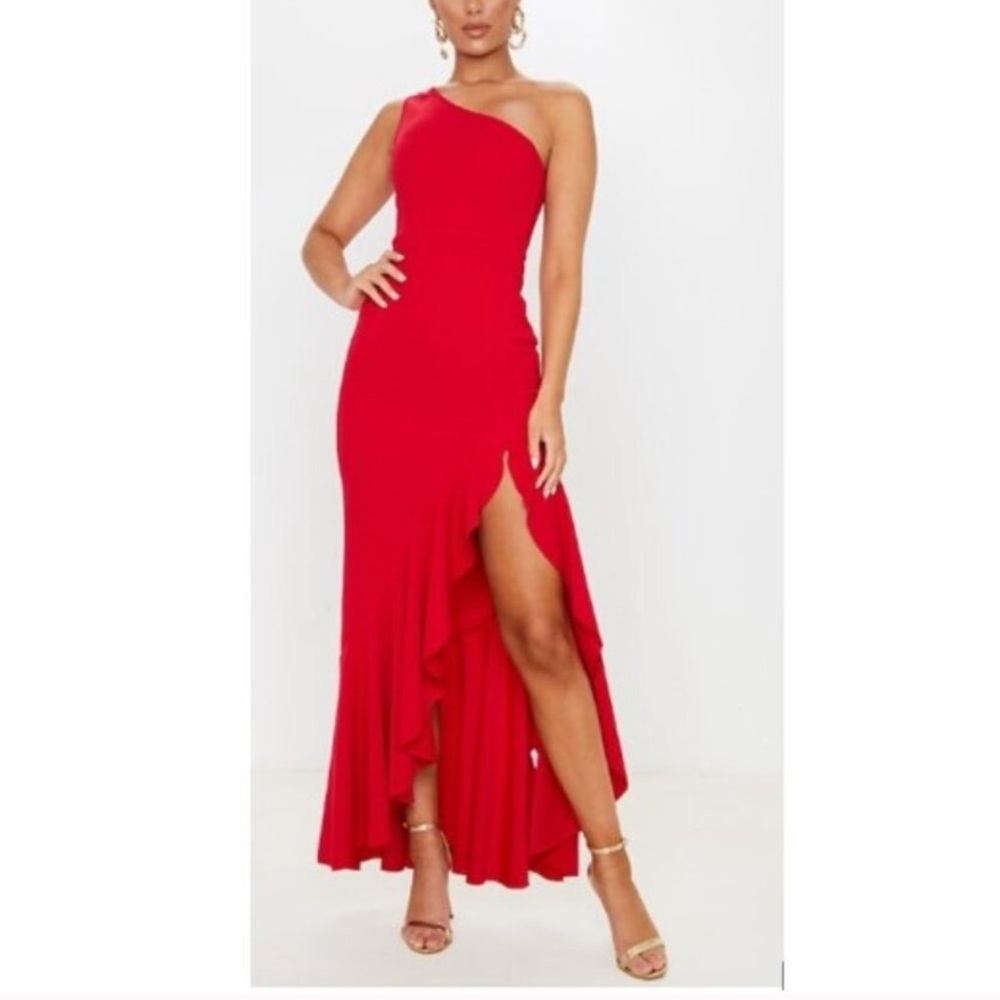 NEW! Red One Shoulder Frill Split Maxi Dress -Size 2